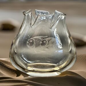 Vintage Hand Blown Amber Glass Etched Fish Vase 6 inch 1990s Handkerchief Edge